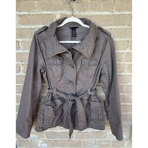 H&M Y2K Gray Tan Mid Length Trench Coat Jacket Belted - Women's Size 8